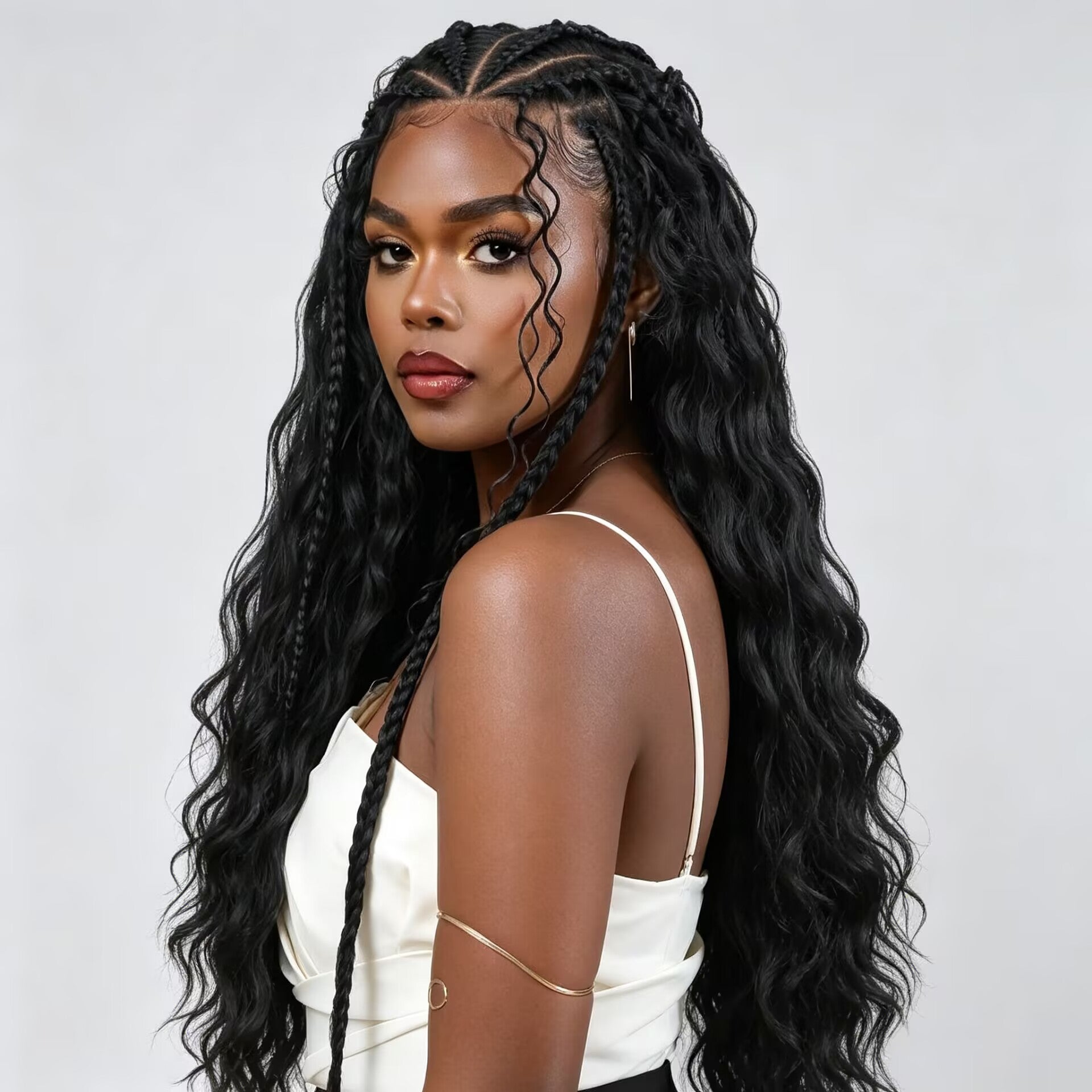 Zlike 13x6 Lace Front Cornrow Curly Boho Braids Wig Natural Black with Face Framing Pre Plucked Glueless Lace Frontal Wig with Baby Hair