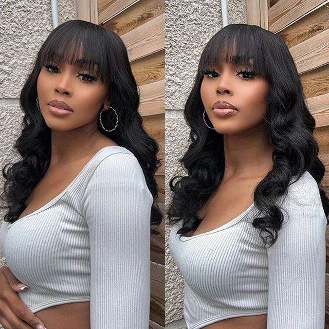 Glueless Body Wave Wig Wear To Go 100% Virgin Human Hair Wigs With Bangs High Density