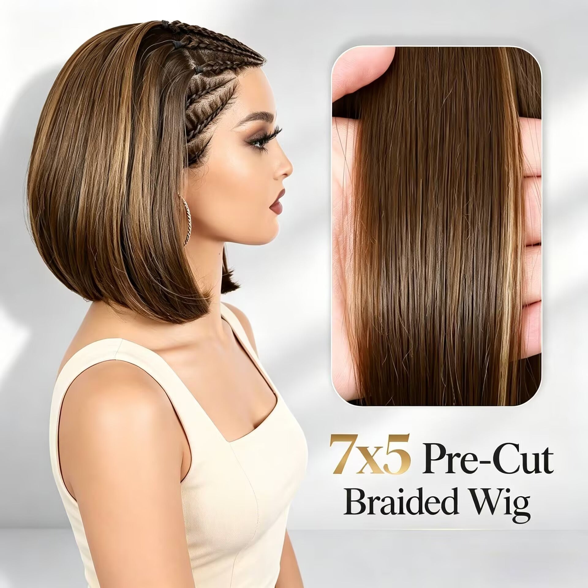 Zlike 7x5 Pre-Cut Lace Bohemian Braids Straight Bob Wig Glueless Human Hair Wig Ready to Wear
