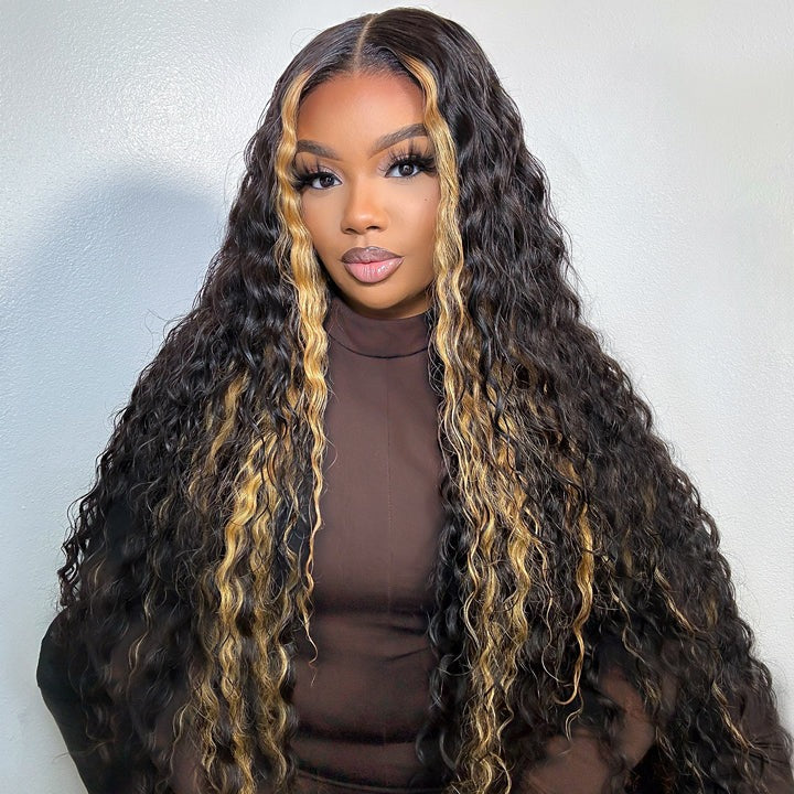 Highlight Honey Blonde Water Wave Lace Front/Closure Wigs Pre Cut Glueless Human Hair Wigs Put On And Go