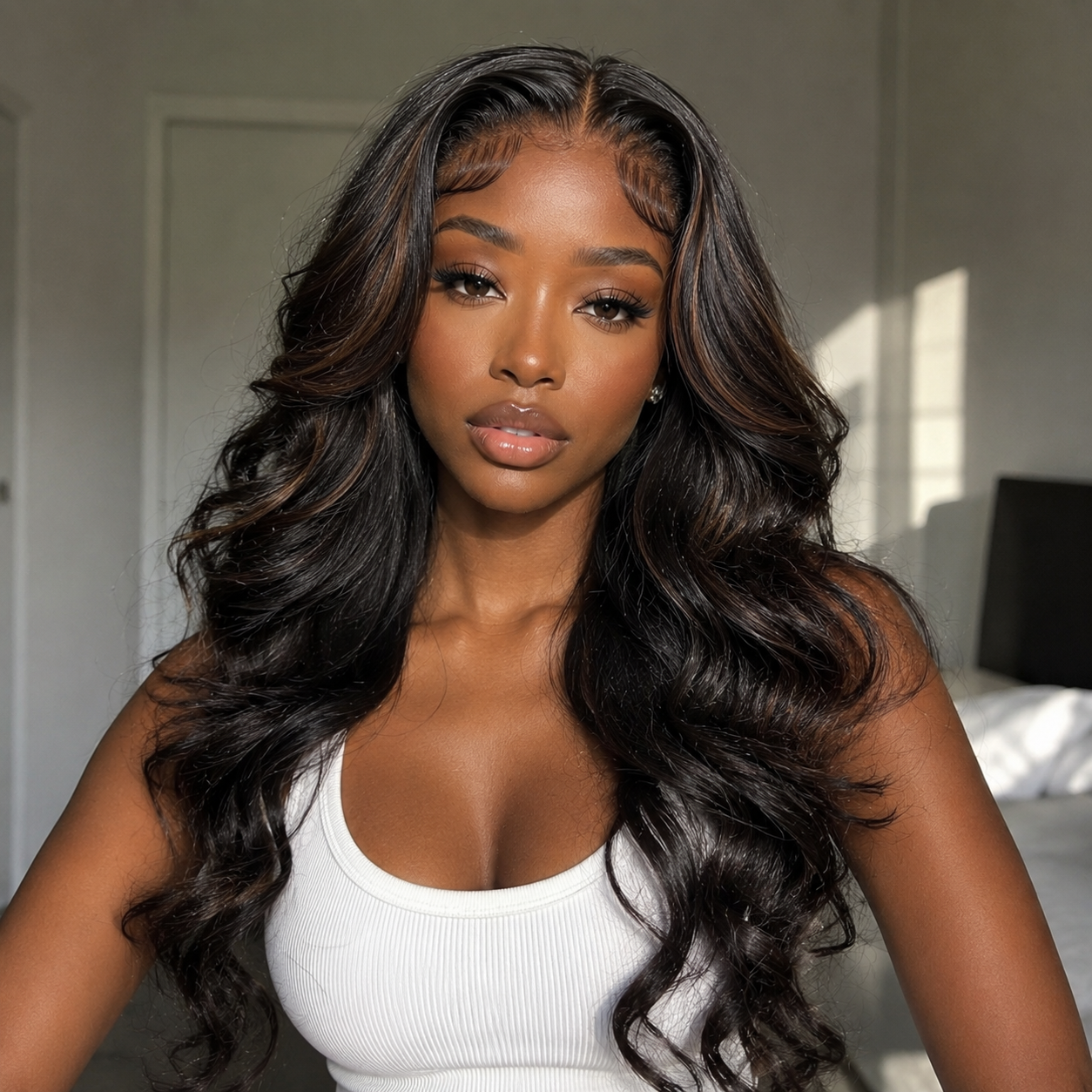 Zlike 300% Density #30 Highlight Layered Body Wave Wig with Curtain Bangs 13x4 Lace Front Human Hair Wig with Drawstring