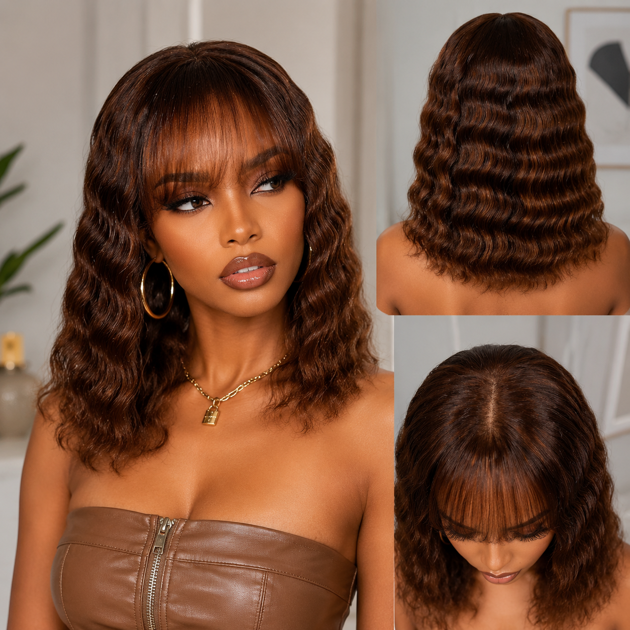 Zlike Ginger Brown Loose Deep Wave Bob Wig With Bangs 4x4 Lace Closure Human Hair Wig
