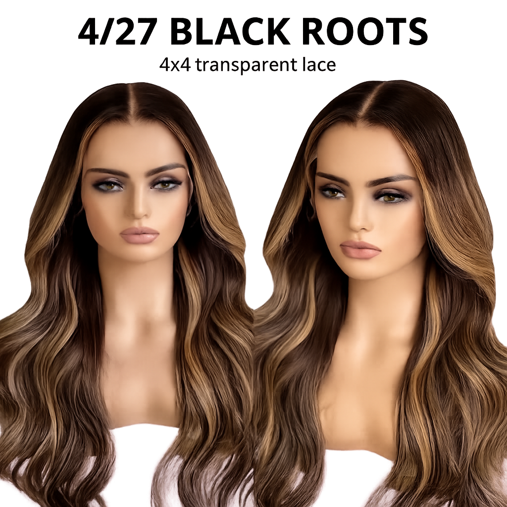 Member Special Offer | 20"=$99 Black Roots Body Wave 4/27 Ombre Highlight Transparent Lace Frontal Human Hair Wigs