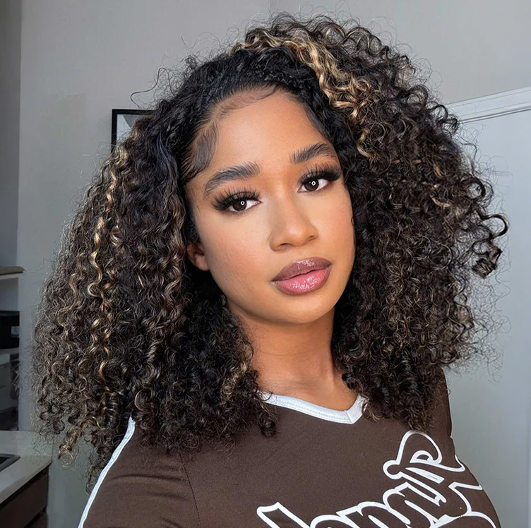 Zlike Highlight Brown Kinky Curly Half Wig Draw-strings Flip Over Wigs 100% Human Hair