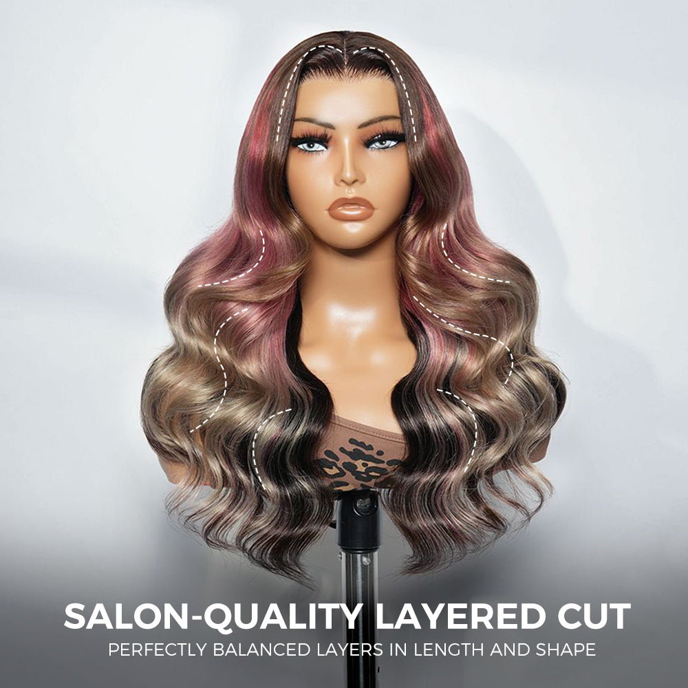 Zlike Pink Money Piece Smoky Ombre Body Wave Human Hair Glueless Wigs Pre-Cut 13x4 Transparent Lace Wigs