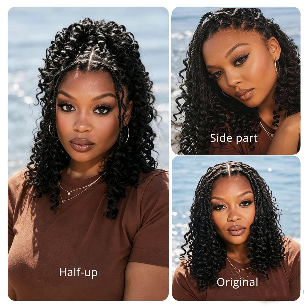 Zlike Full Lace Knotless Boho Curls Braided Bob Pre-Cut Lace Wigs Flexi Fit Invisi Drawstring Cap