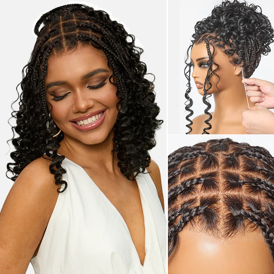 Zlike Full Lace Knotless Boho Curls Braided Bob Pre-Cut Lace Wigs Flexi Fit Invisi Drawstring Cap