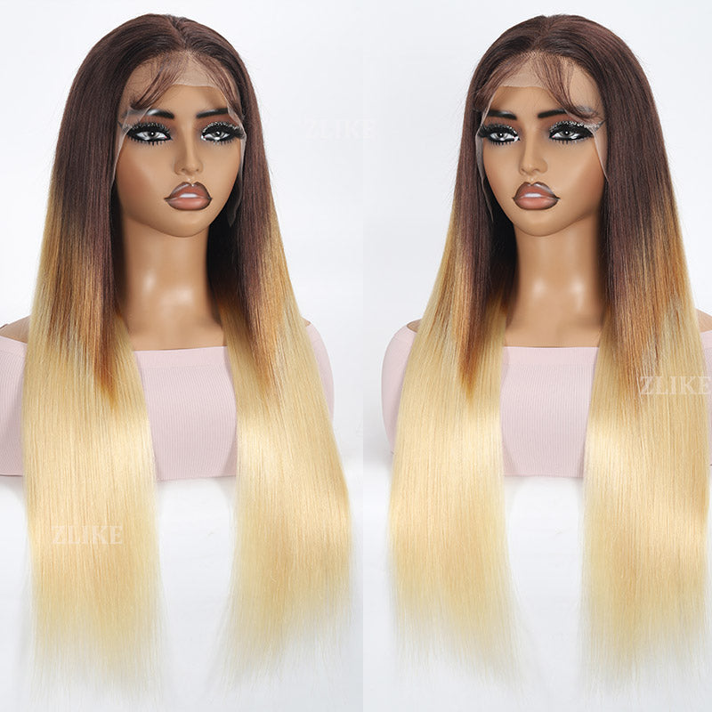 Brown Ombre Wig 613 Blonde Bone Straight 13x4 Lace Front Wig Pre Plucked Human Hair Wigs