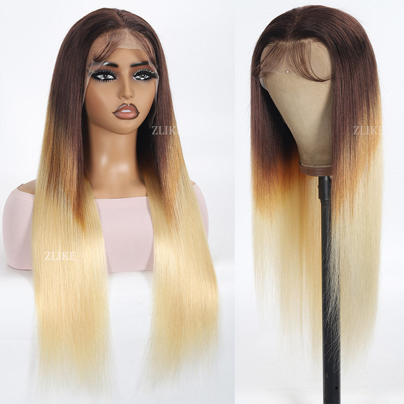 Brown Ombre Wig 613 Blonde Bone Straight 13x4 Lace Front Wig Pre Plucked Human Hair Wigs