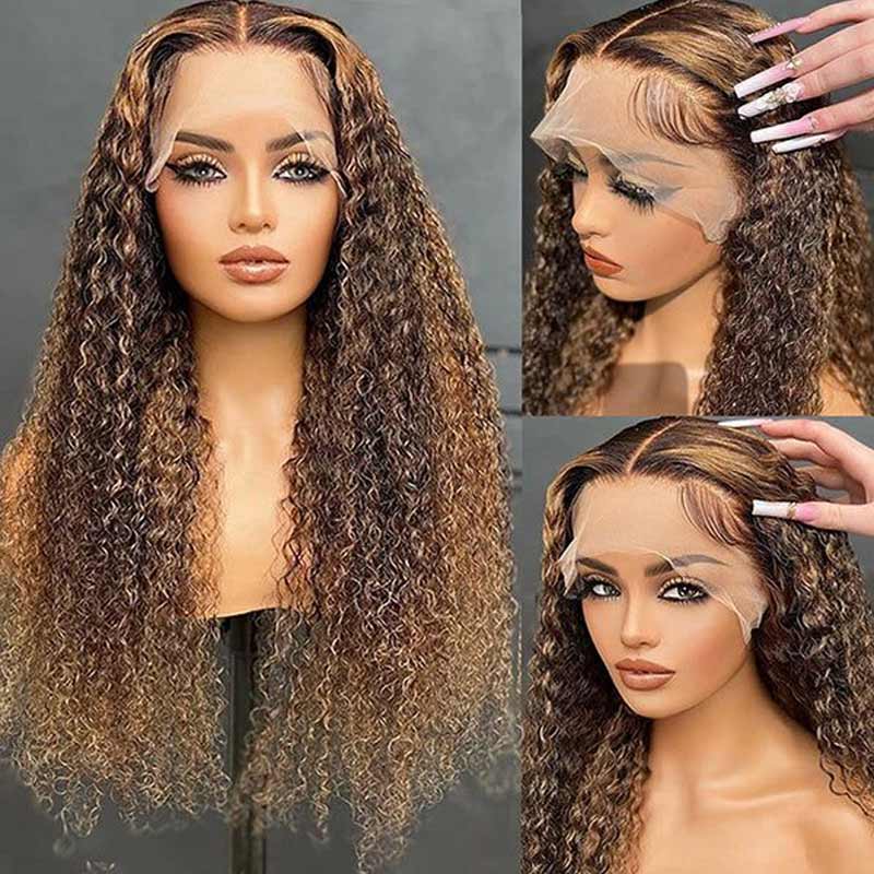 Honey Blonde Highlights #4/27 Colored Curly Transparent Lace 100% Virgin Human Hair Wigs
