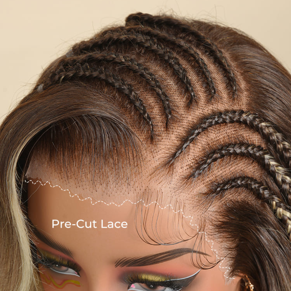 Zlike 13x6 Pre Braided Brunette Blonde Highlights Loose Body Lace Front Wig Glueless Human Hair Wigs Natural Hairline