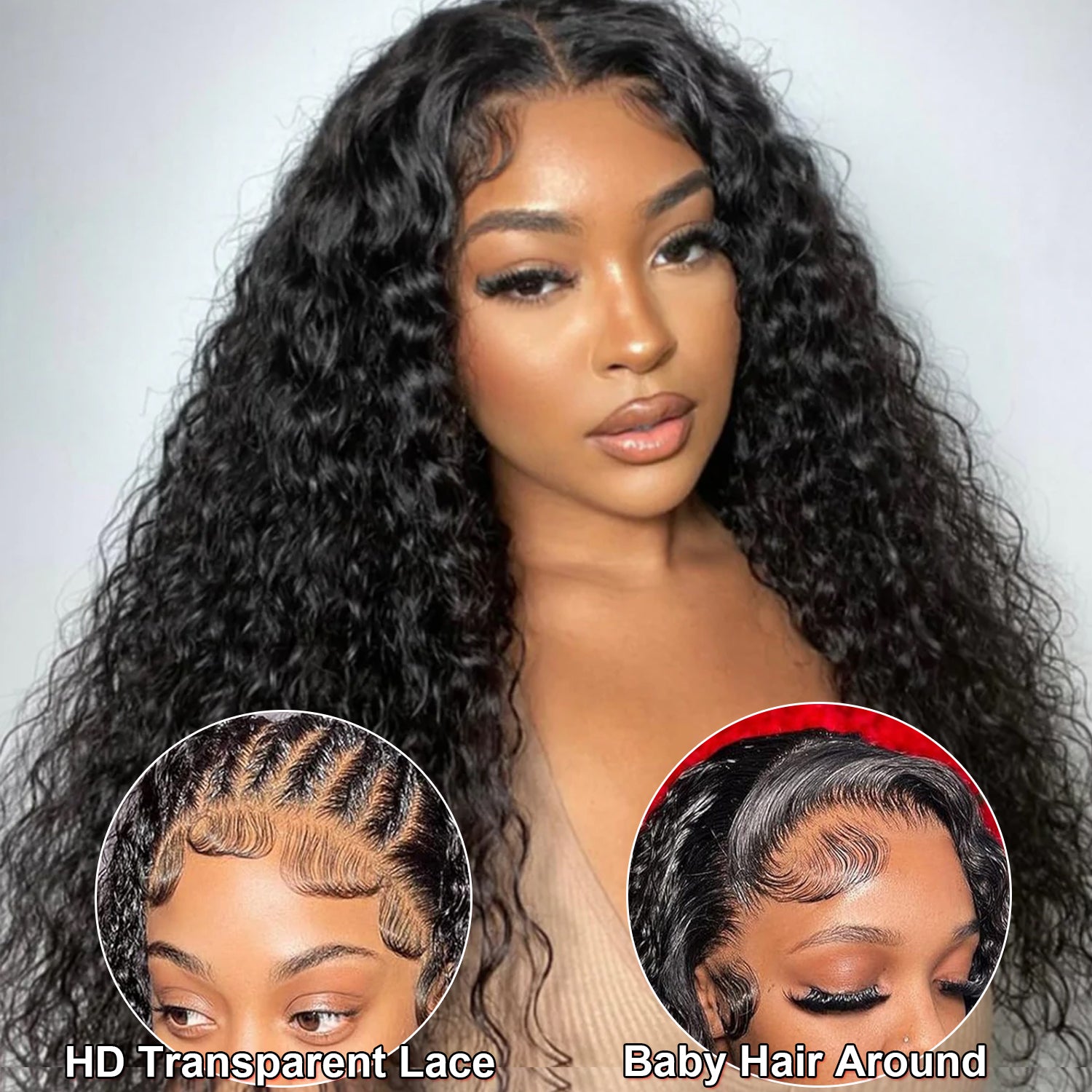 Natural Black Water Wave Transparent Lace Wig 100% Human Hair Wigs With Baby Hair