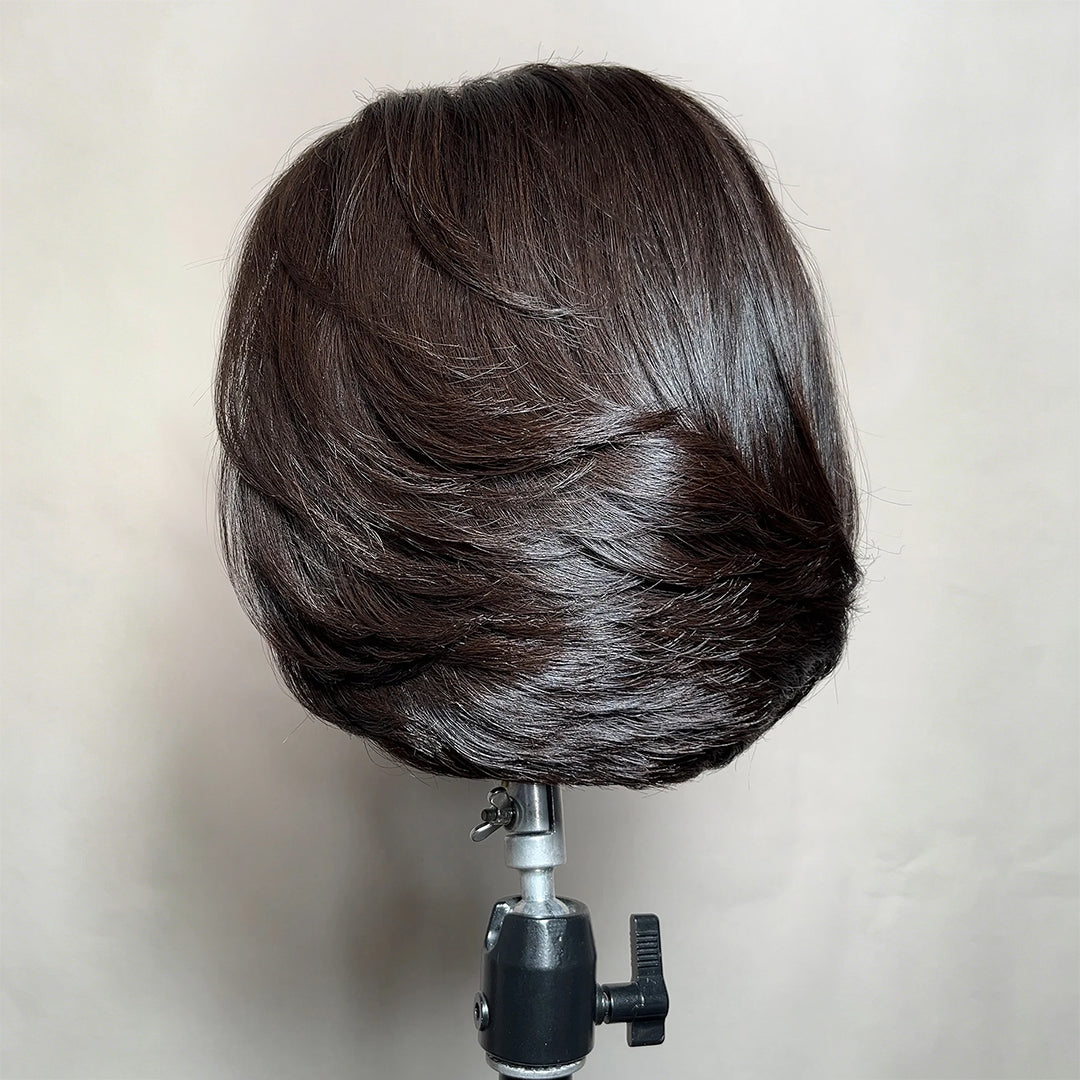 Zlike 7x5 Transparent Lace Layered Bob Wigs Glueless Wear Drawstring Human Hair Wigs Natural Look 300% Density