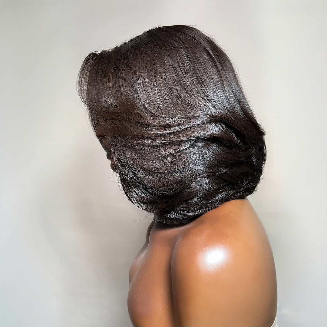 Zlike 7x5 Transparent Lace Layered Bob Wigs Glueless Wear Drawstring Human Hair Wigs Natural Look 300% Density