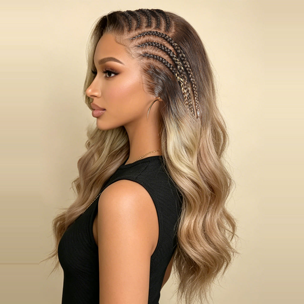 Zlike 13x6 Pre Braided Brunette Blonde Highlights Loose Body Lace Front Wig Glueless Human Hair Wigs Natural Hairline