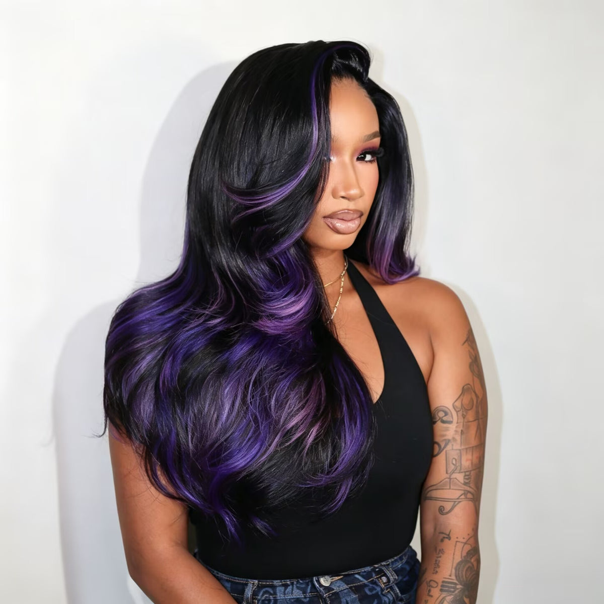 Zlike sapphire black purple Highlight Peacock Curls7x5 Glueless Pull & Go Pre-Styled with Heavy Layers