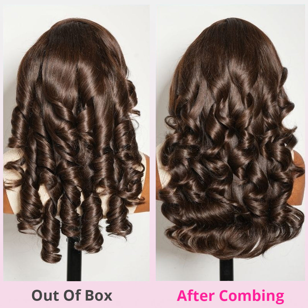 Zlike Chocolate Brown Peacock Curls Pull & Go 13x6 Full Glueless Lace Front Wigs Human Hair Pre-Styled with Heavy Layers