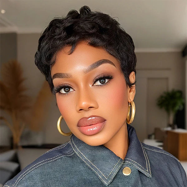 Zlike Pixie Cut Pre-Styled Human Hair Wig Short Curly Machine Made Wig Beginner Friendly