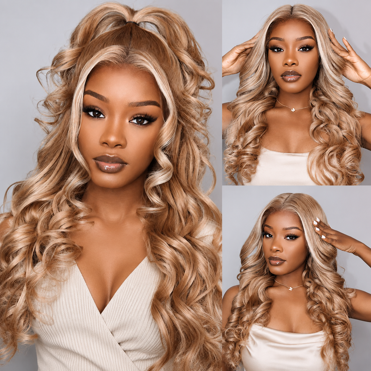 Zlike Milk Tea Brown Highlight Body Wave Wig 7x5 Lace Frontal Glueless Human Hair Wig With Drawstring
