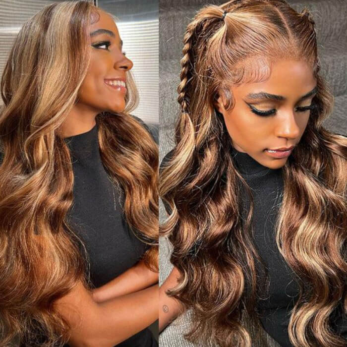 169=2 Wigs Ombre Blonde Highlight 5x5 Pre Cut Lace Wig + Curly Wig With Bangs Machine Made Flash Sale