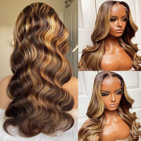 Highlight Honey Brown #4/27 Body Wave Transparent Lace Closure Human Hair Wigs With Baby Hair