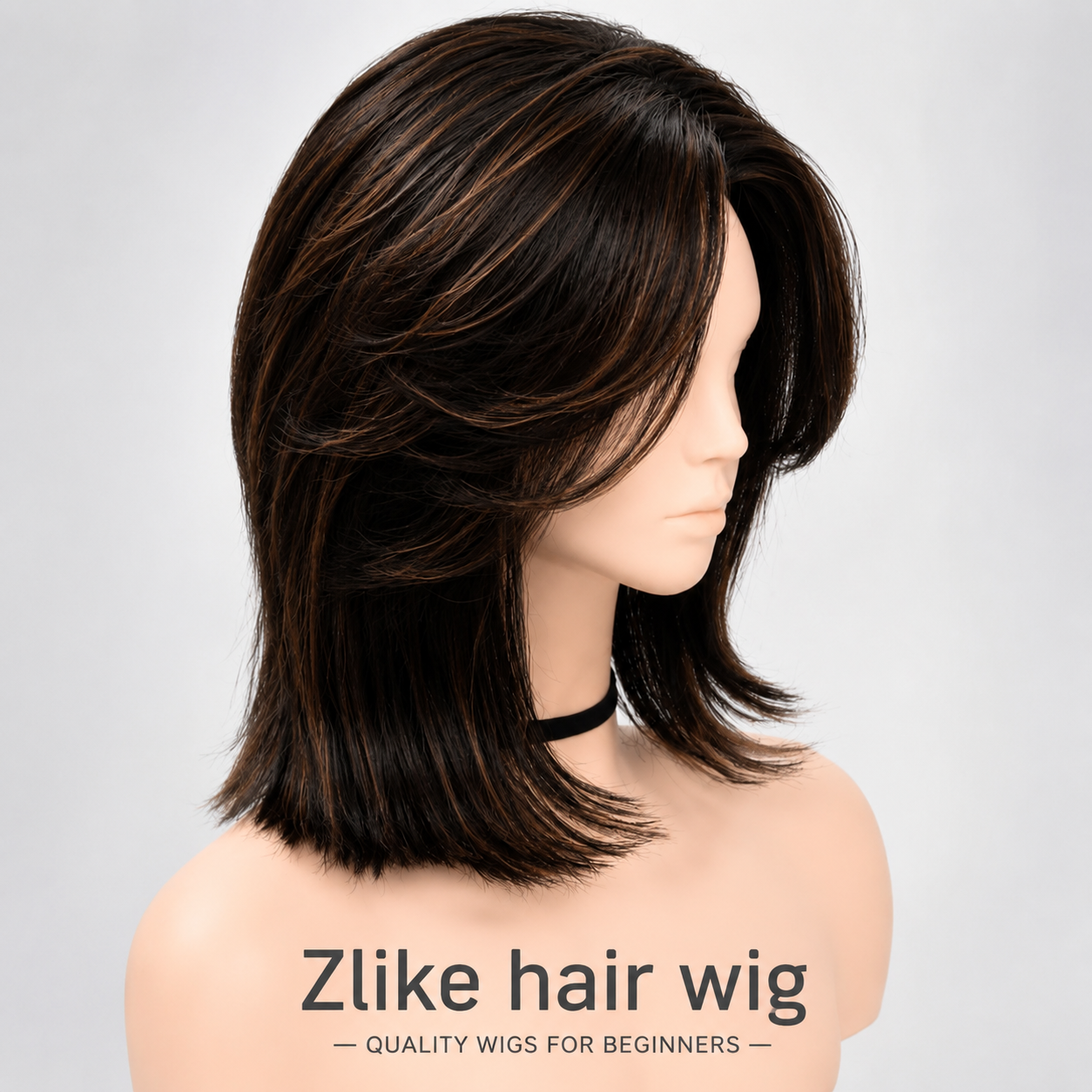 Zlike Brown Highlight Yaki Lob Wig with Butterfly Layers & Curtain Bangs Glueless Human Hair Lace Front Wig