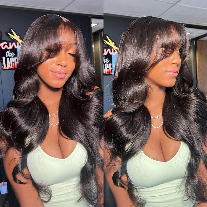 Zlike Layered Cut With Curtain Bangs 100% Glueless Human Hair Wigs Pre Cut Body Wave Lace Wigs