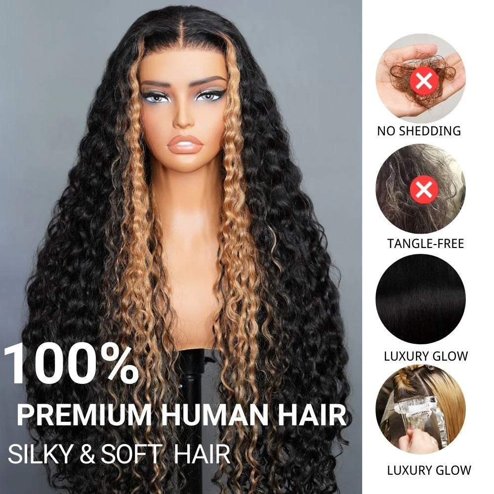 Highlight Honey Blonde Water Wave Lace Front/Closure Wigs Pre Cut Glueless Human Hair Wigs Put On And Go