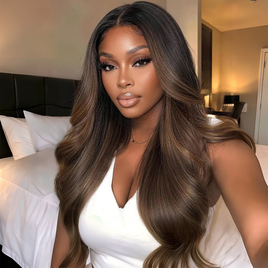 Zlike Ombre Chestnut Brown Yaki Straight 7x5 No-Slip Glueless Wig Put On & Go Human Hair Wigs with Invisi Drawstring