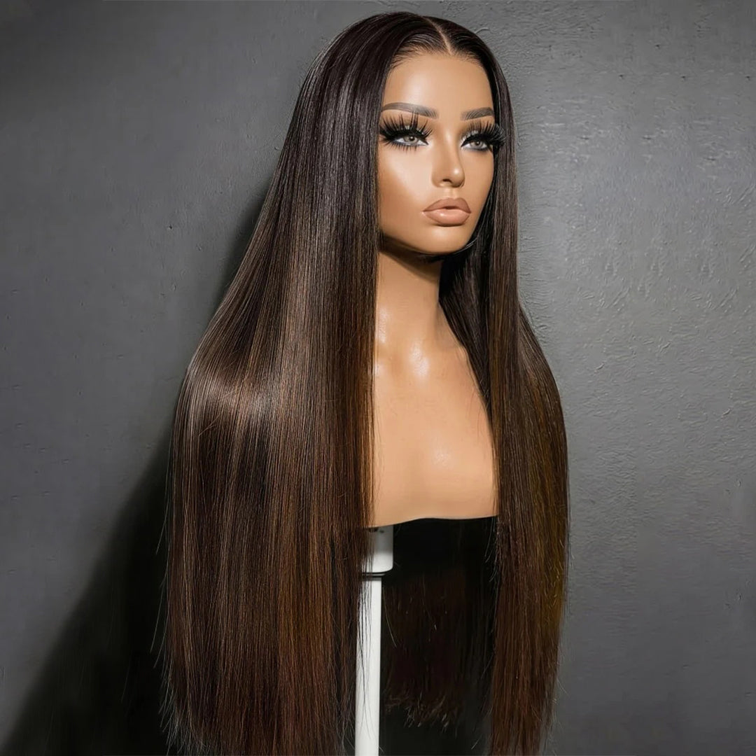 Zlike Ombre Chestnut Brown Yaki Straight 7x5 No-Slip Glueless Wig Put On & Go Human Hair Wigs with Invisi Drawstring