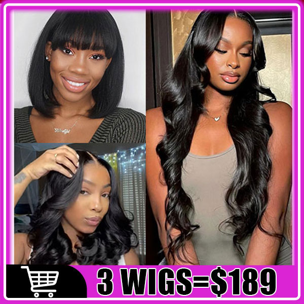 $189 = 3Wigs | Bob Glueless Wear & Go Straight Wig With Bangs + 13x4 Lace Front Body Wave Wig + Bob 13x4 Lace Front Boby Wave Wig