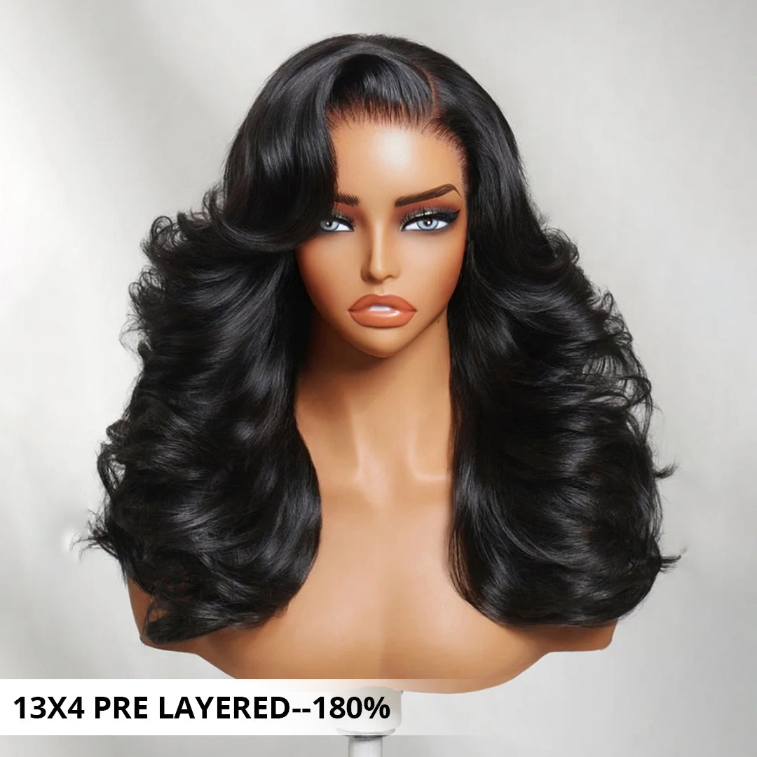 180% density feathered layered wig with soft loose wave texture