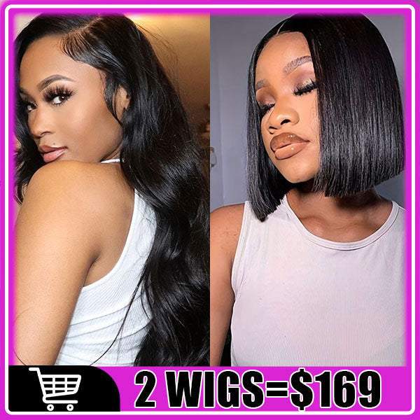 169=2 Wigs Body Wave Natural Color Human Hair 4X4 Lace Closure Wig + 12Inch Pre Cut Lace Bob Wigs Pre Plucked Flash Sale