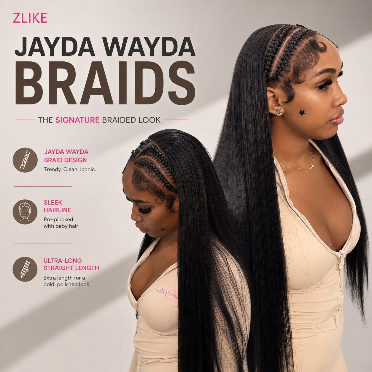 Zlike 300% Density Jayda Wayda Braids Straight Human Hair Wig 13x4/13x6 Pre-Cut Lace Glueless Wig with Drawstring