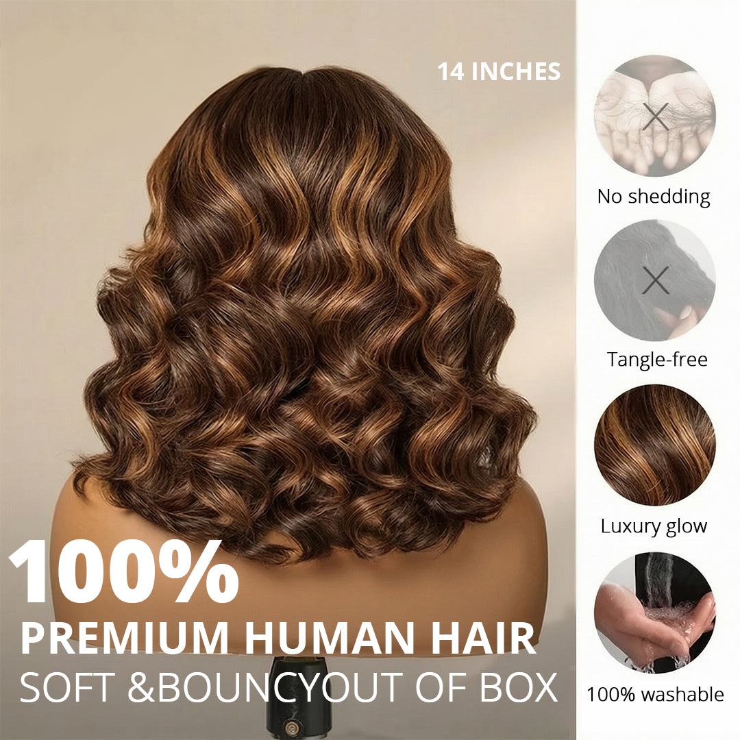 Zlike Brown Mixed Golden Color Loose Wave Human Hair Wigs Ombre Brown Lace Front Wigs with Drawstring