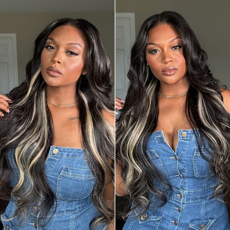 Zlike 1B/613 Black to Blonde Body Wave Middle Part Human Hair Wigs Glueless Drawstring Wigs