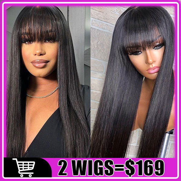 169=2 Wigs Bone Straight Wig With Bangs Natural Color Glueless Human Hair Wigs Flash Sale