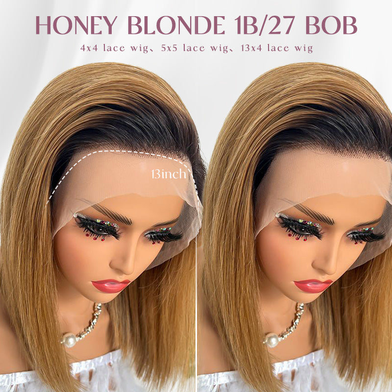Zlike Short Ombre Honey Blonde 1B/27 Bob Wig Baby Hair Honey Brown Straight Human Hair Wigs