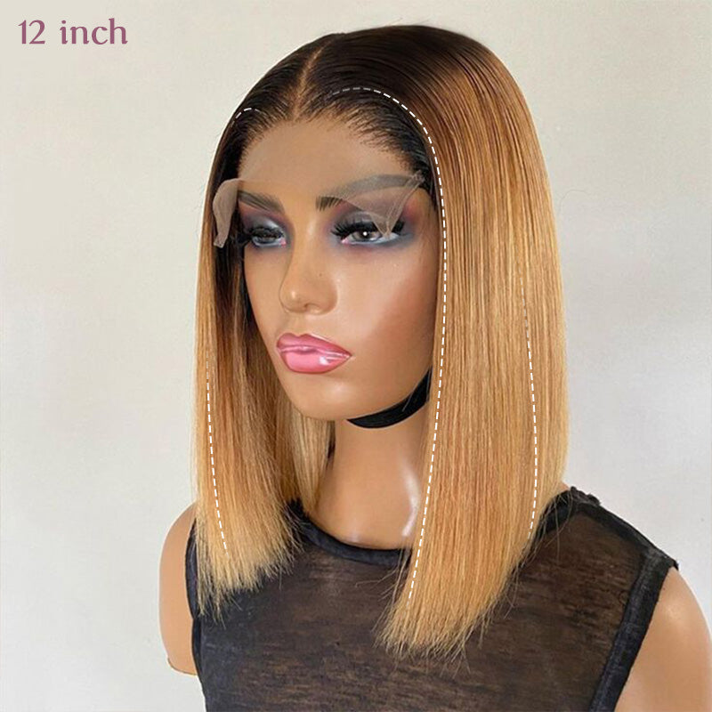 Zlike Short Ombre Honey Blonde 1B/27 Bob Wig Baby Hair Honey Brown Straight Human Hair Wigs