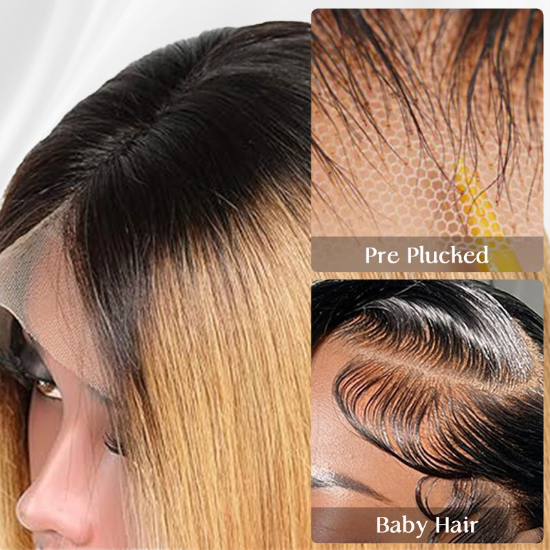 Zlike Short Ombre Honey Blonde 1B/27 Bob Wig Baby Hair Honey Brown Straight Human Hair Wigs