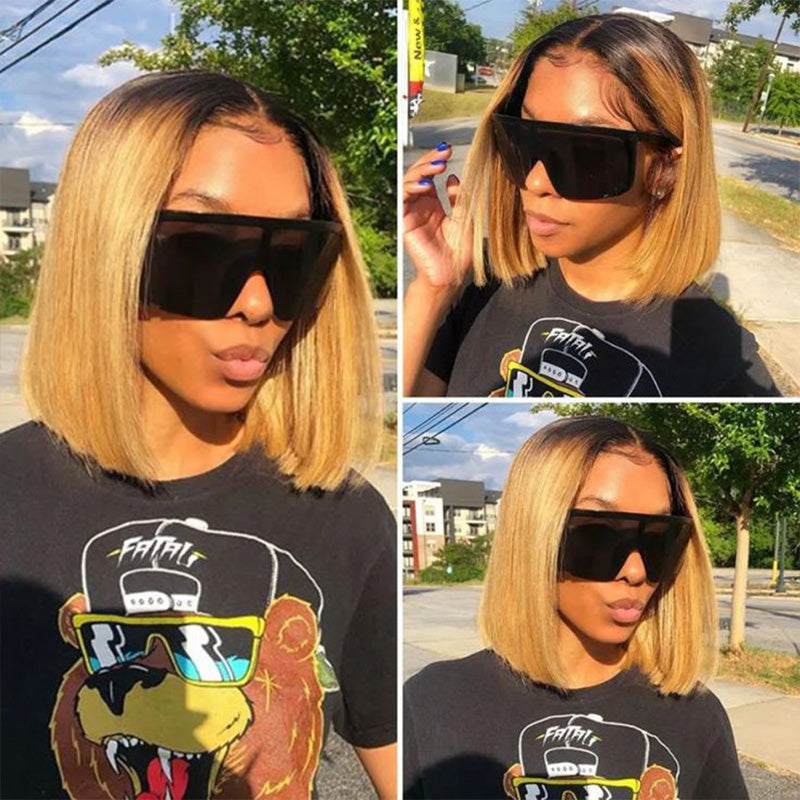 Zlike Short Ombre Honey Blonde 1B/27 Bob Wig Baby Hair Honey Brown Straight Human Hair Wigs