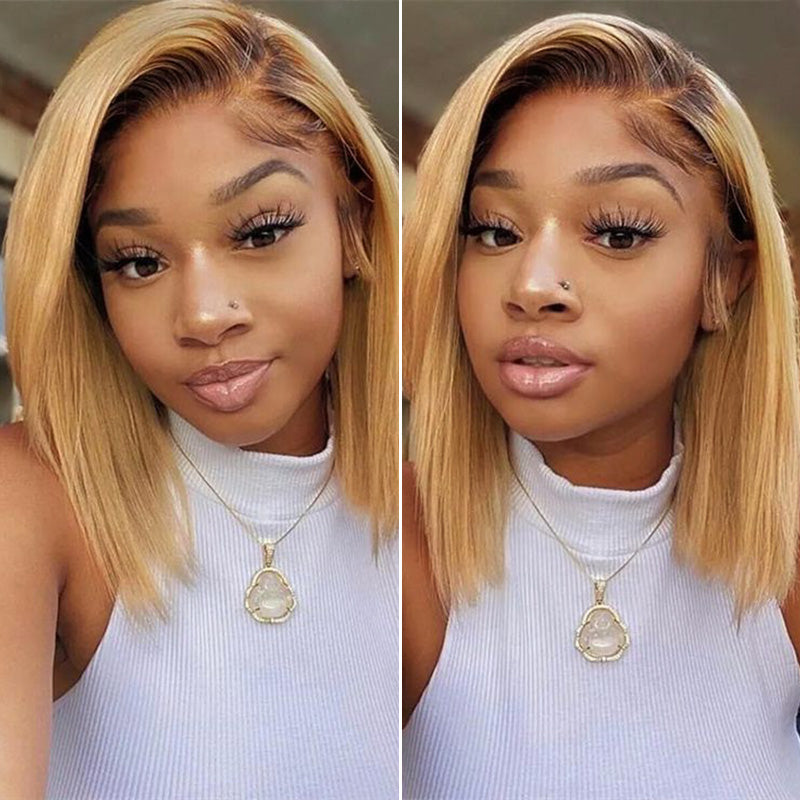 Zlike Short Ombre Honey Blonde 1B/27 Bob Wig Baby Hair Honey Brown Straight Human Hair Wigs