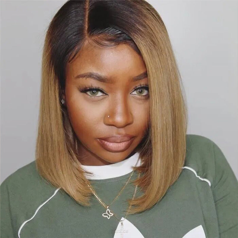 Zlike Short Ombre Honey Blonde 1B/27 Bob Wig Baby Hair Honey Brown Straight Human Hair Wigs