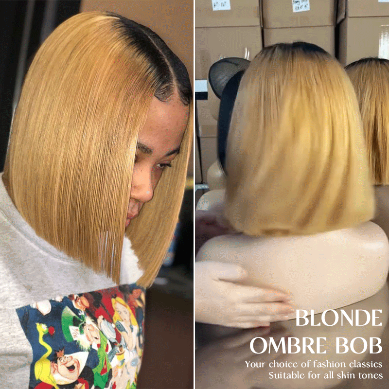 Zlike Short Ombre Honey Blonde 1B/27 Bob Wig Baby Hair Honey Brown Straight Human Hair Wigs