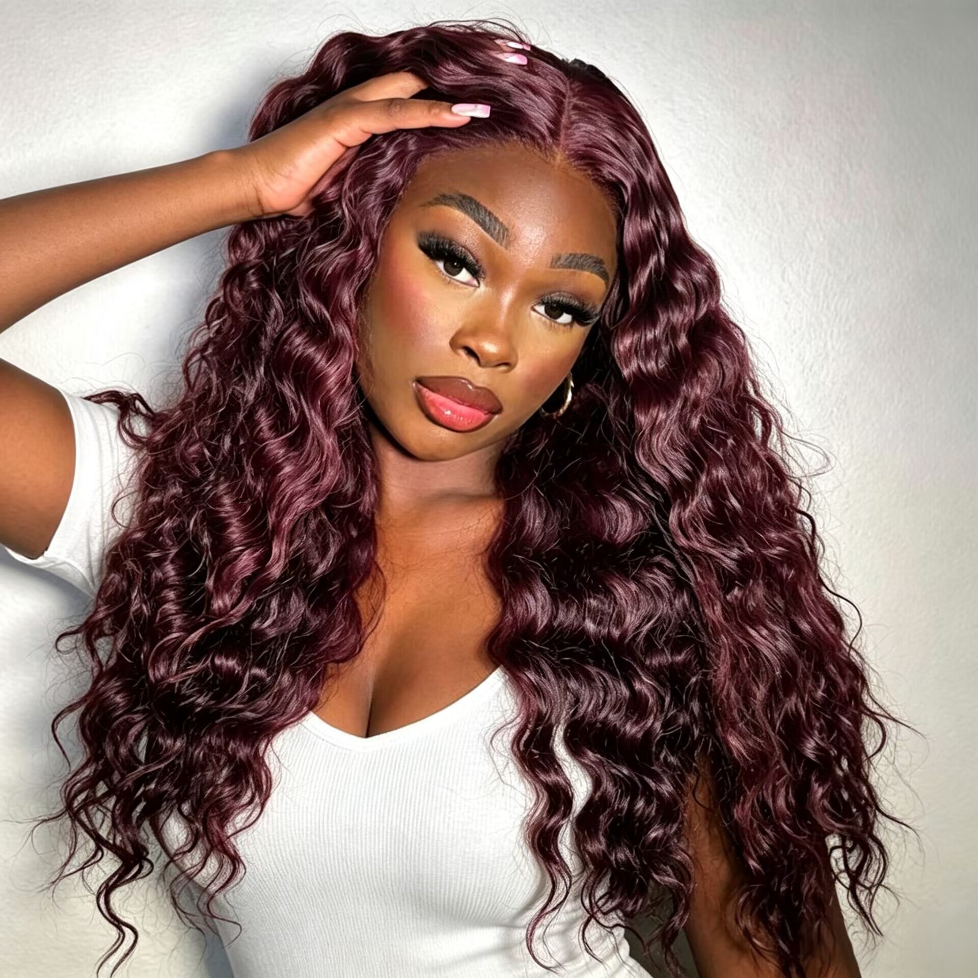 Zlike Dark Plum Black Cherry Water Wave Human Hair Wig Glueless Drawstring Lace Frontal Wig Invisible Lace Natural Hairline