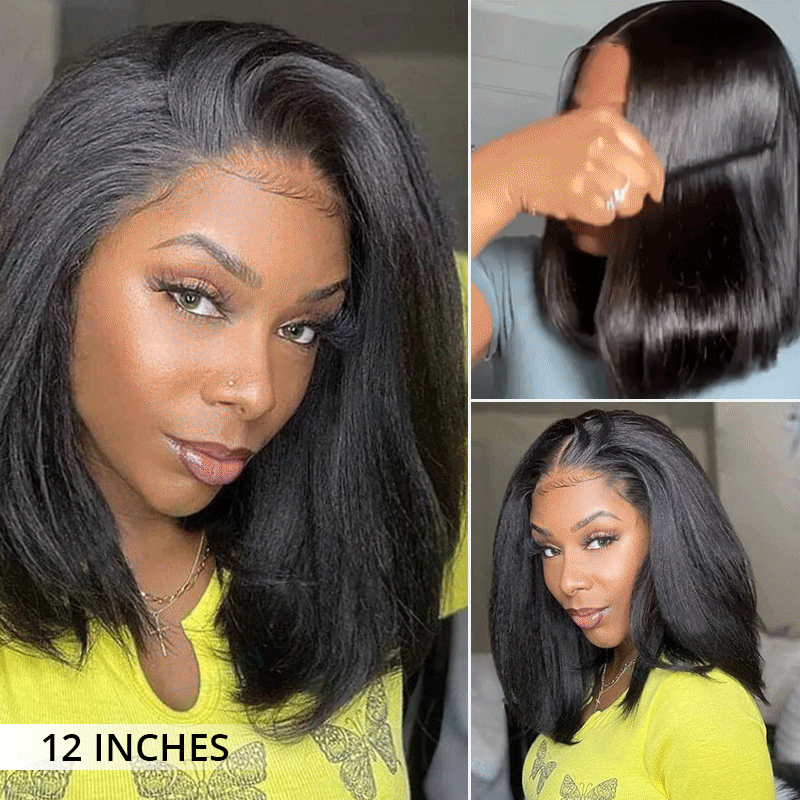 300% Density Bob Lace Wig Pre Cut Straight Human Hair Lace Closure Wigs Bleach Knots