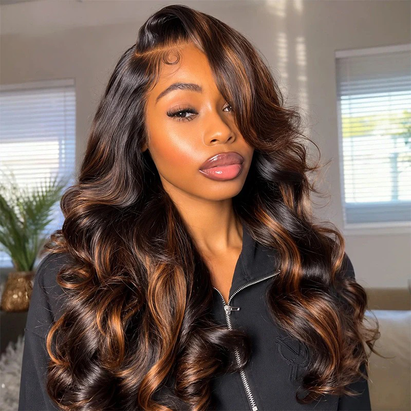 Zlike Balayage Brown Highlight Feathered Layer 13x6 Lace Front Wigs Glueless Pull & Go Pre-Styled Human Hair Wigs