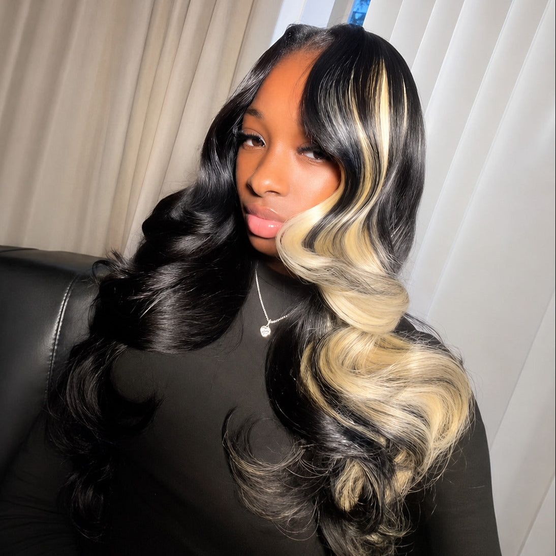 Zlike Layered Cut Body Wave Skunk Stripe Money Piece Blonde Highlight Glueless Human Hair Wigs Pre-Styled Heavy Layers