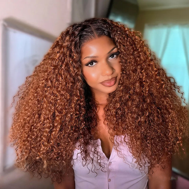 Zlike Golden Chestnut Curly Wigs With Dark Roots Human Hair Transparent Glueless Lace Front Wigs