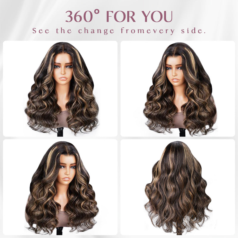 Body Wave Balayage Highlight Colored Transparent Lace Human Hair Wigs High Density